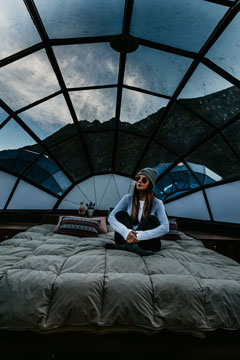 woman in the sky camp in rainy weather 