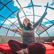 a woman dawning in the sky camp